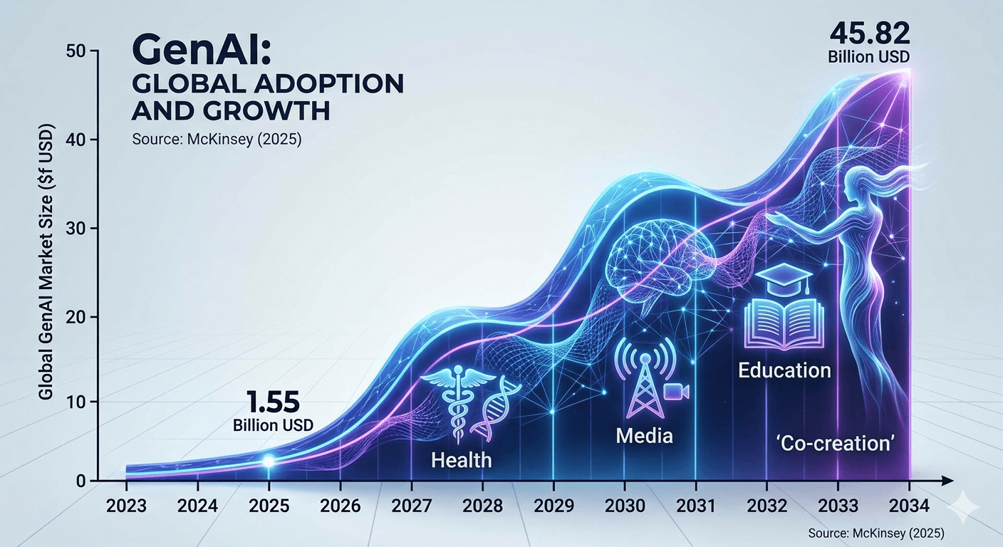 Biểu đồ tăng trưởng thị trường GenAI toàn cầu (2023-2034) với các biểu tượng lồng ghép của ba lĩnh vực Y tế, Truyền thông, Giáo dục và con số dự báo 45.82 tỷ USD vào năm 2034.